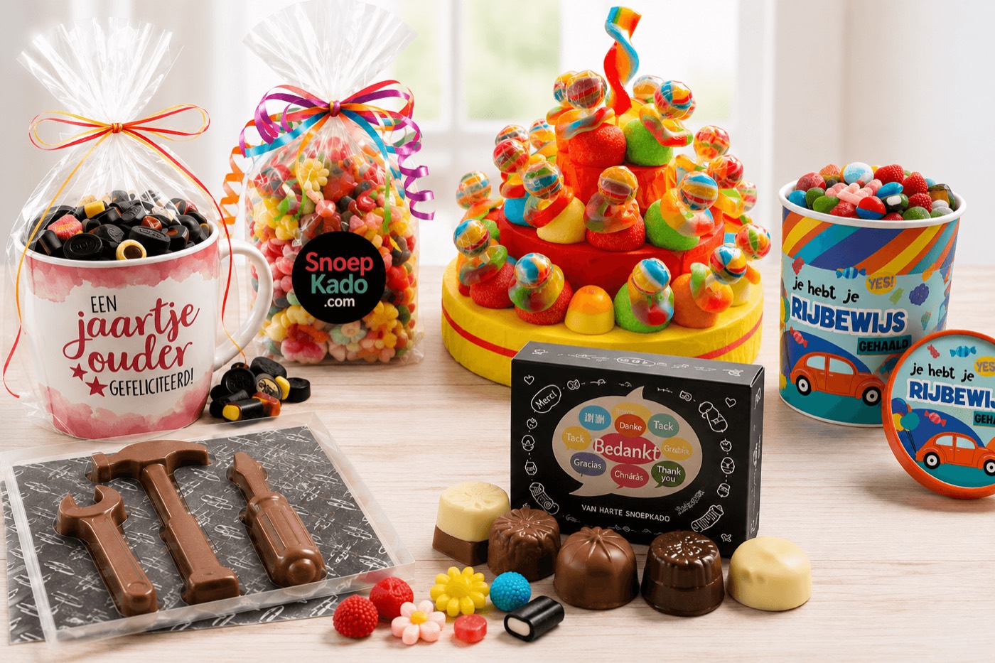 Snoeptaart, snoepbekers, chocoladegereedschap en feestelijk verpakte traktaties van Snoepkado