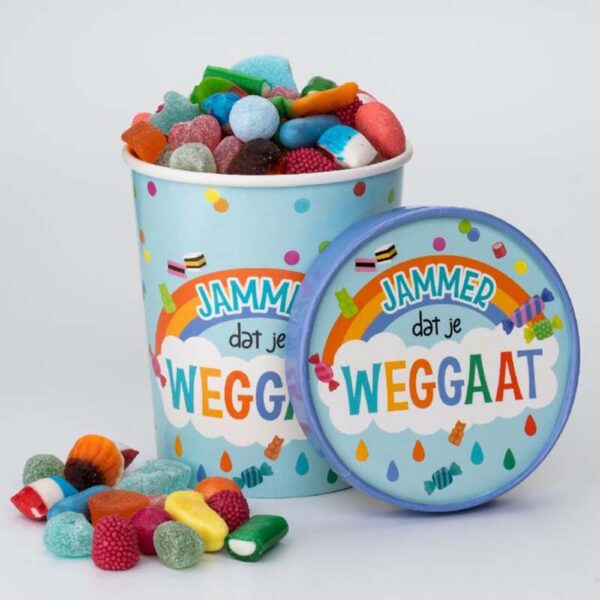 Snoeppot candy bucket jammer dat je weggaat sfeer
