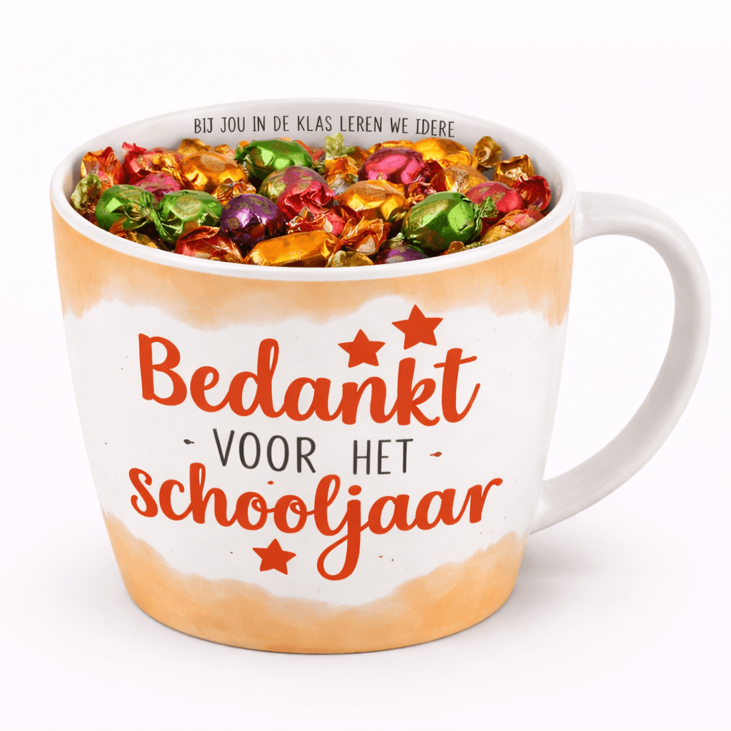 Cadeau mok bedankt voor het schooljaar gevuld met toffee