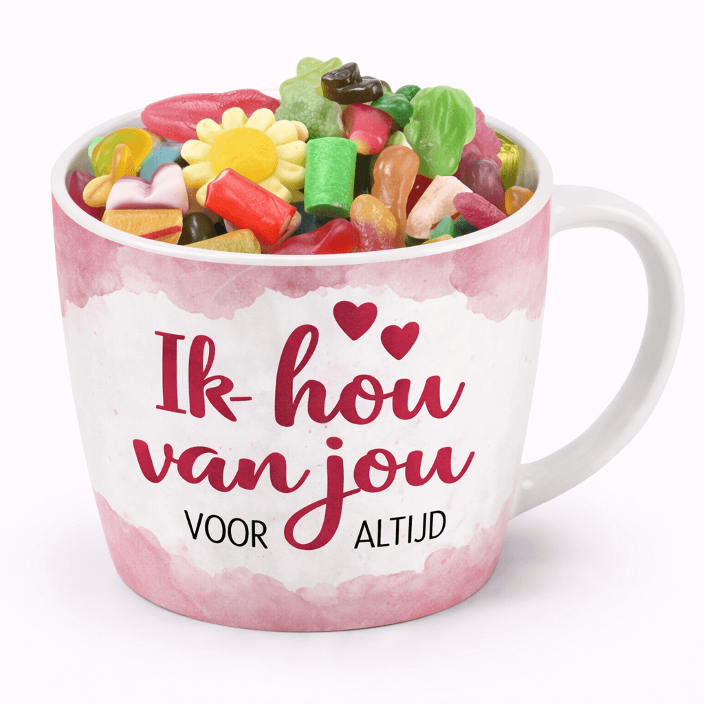 Cadeau mok ik hou van jou gevuld met snoep