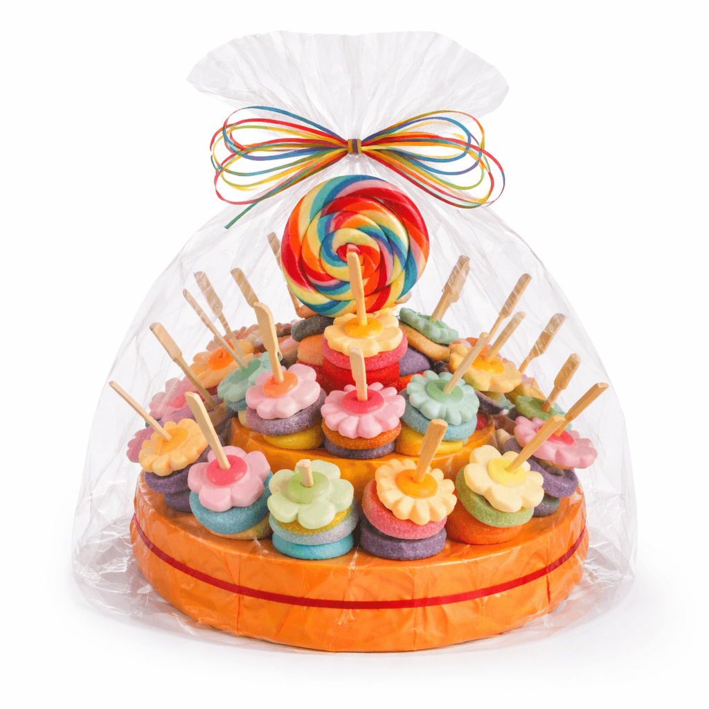 Snoeptaart fleurig met 30 snoeptraktaties