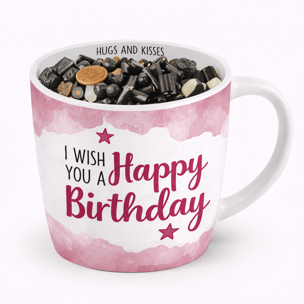 Cadeau mok Happy Birthday gevuld met drop