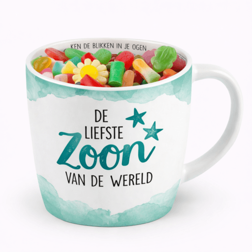 Cadeau mok zoon gevuld met snoep
