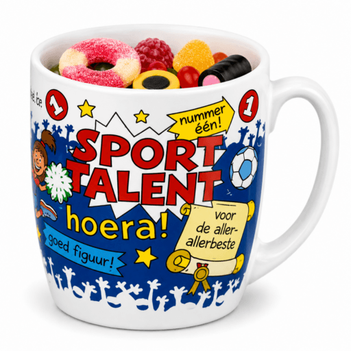 mok sporttalent gevuld met snoepmix