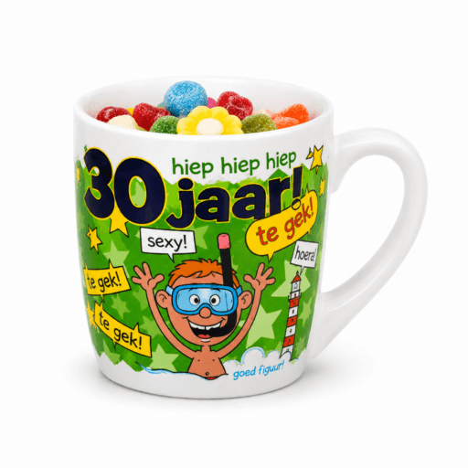 mok 30 jaar gevuld met snoepmix