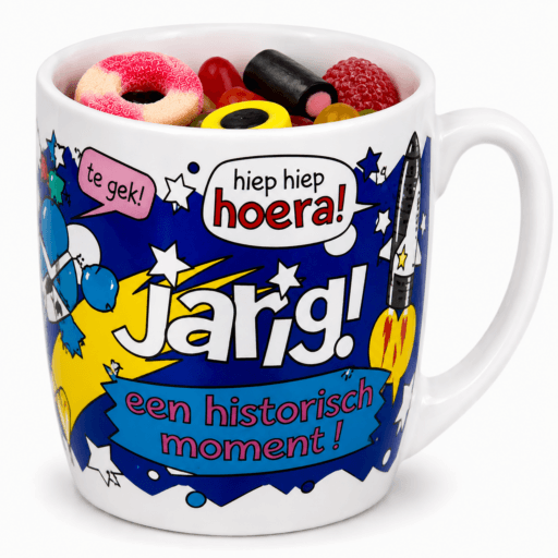 mok jarig gevuld met snoepmix