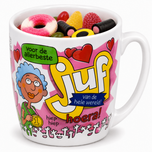 mok juf gevuld met snoepmix