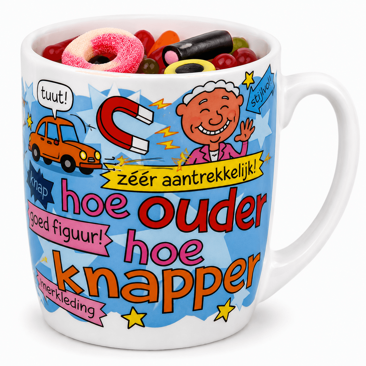 mok ouder gevuld met snoepmix